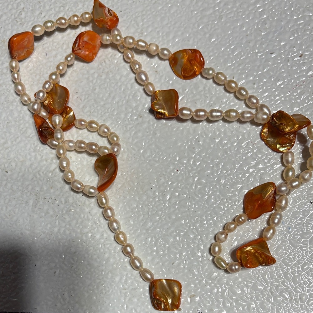 Freshwater Pearl Necklace with Amber Shell Accents - Cream and Orange